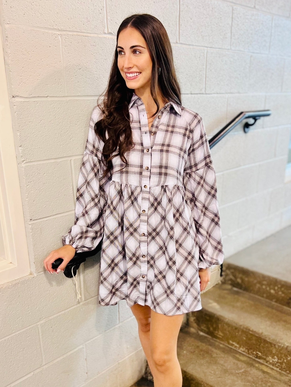 Blu Pepper Plaid Button Front Babydoll Tunic Dress Brown White Size S